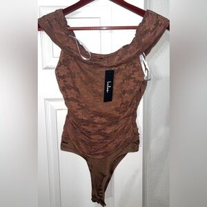 Lulu's Brown Lace Off-Shoulder Bodysuit